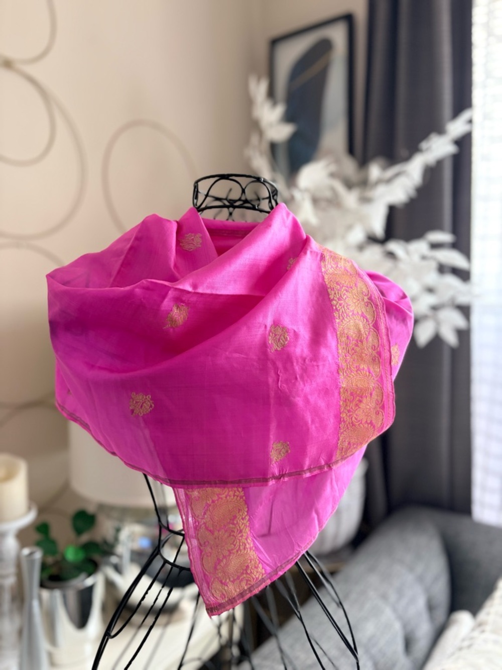 Pink Silk Gold Metal Embroidered Scarf 17.5 x 46